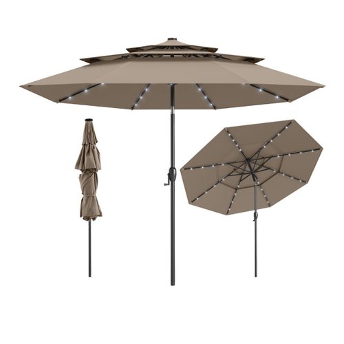 Parasol De Patio Solaire Avec LED à 3 Niveaux Réglage D'inclinaison Manivelle 313x248cm Marron