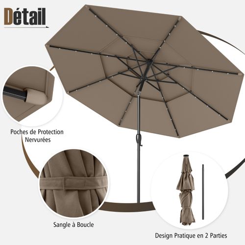 Parasol De Patio Solaire Avec LED à 3 Niveaux Réglage D'inclinaison Manivelle 313x248cm Marron