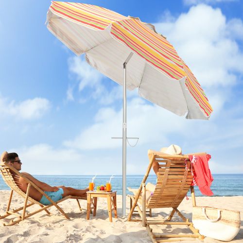Parasol De Plage De 198cm Avec Bouton Poussoir Inclinable Ancrage Pour Sable Sac De Transport