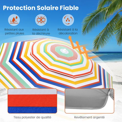 Parasol De Plage De 200cm Parasol Portable Extérieur Pour Sable Avec Inclinaison à Bouton-poussoir