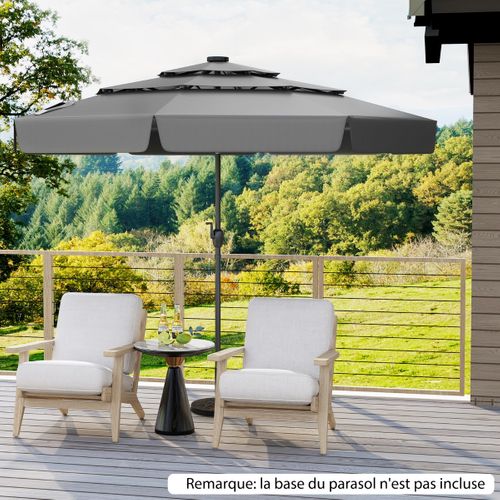 Parasol De Terrasse Solaire 300cm LED Toit Ventilé à 3 Niveaux Volants Inclinable 8 Balein Gris