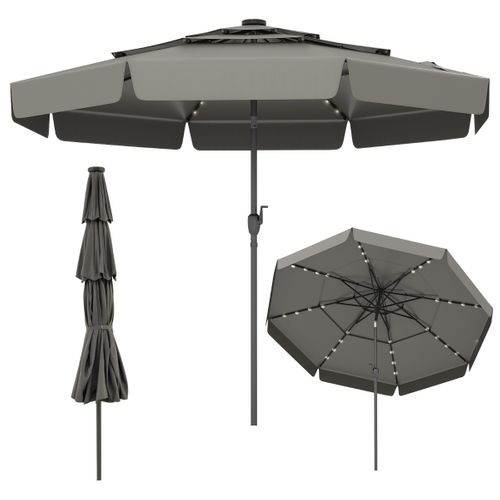 Parasol De Terrasse Solaire 300cm LED Toit Ventilé à 3 Niveaux Volants Inclinable 8 Balein Gris