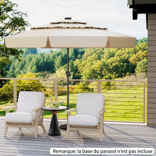 Parasol De Terrasse Solaire 300cm LED Toit Ventilé à 3 Niveaux Volants Inclinable 8 Baleines Beige
