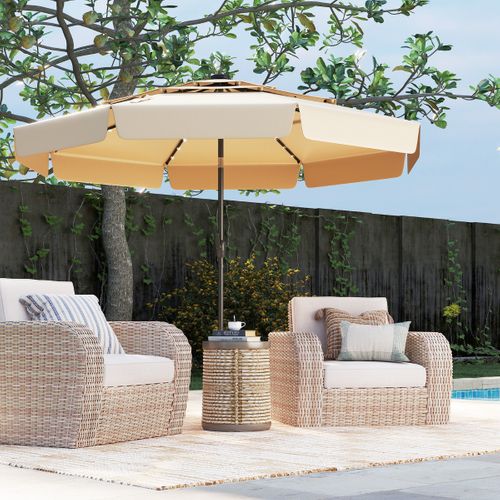 Parasol De Terrasse Solaire 300cm LED Toit Ventilé à 3 Niveaux Volants Inclinable 8 Baleines Beige