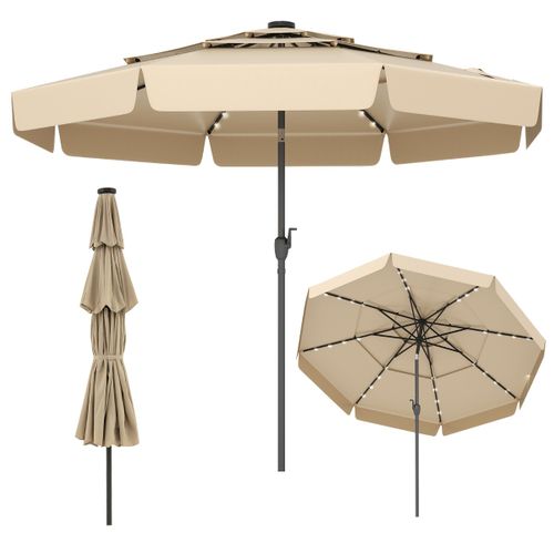 Parasol De Terrasse Solaire 300cm LED Toit Ventilé à 3 Niveaux Volants Inclinable 8 Baleines Beige