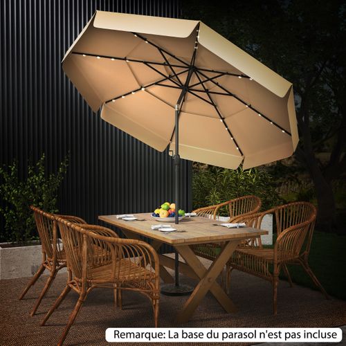 Parasol De Terrasse Solaire 300cm LED Toit Ventilé à 3 Niveaux Volants Inclinable 8 Baleines Beige