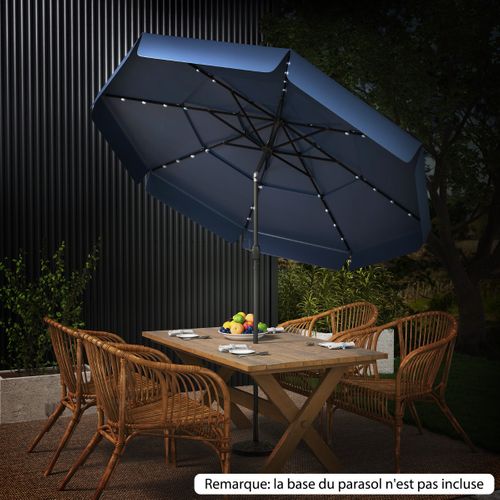 Parasol De Terrasse Solaire 300cm LED Toit Ventilé à 3 Niveaux Volants Inclinable 8 Baleines Bleu