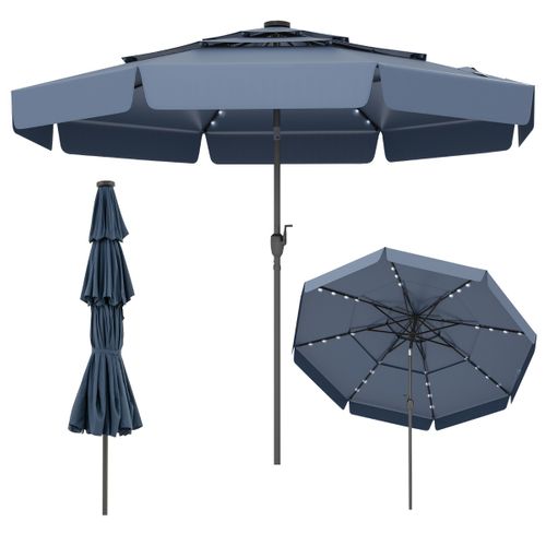 Parasol De Terrasse Solaire 300cm LED Toit Ventilé à 3 Niveaux Volants Inclinable 8 Baleines Bleu