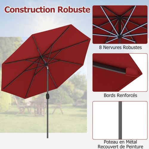 Parasol Inclinable Dia.270cm Manivelle En Acier Toile En Polyester 6 Nervures Pour Patio Jardin