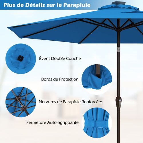 Parasol Inclinable Dia.300cm LED Dolaire En Scier Toile Polyester Pour Jardin Et Terrasse Bleu