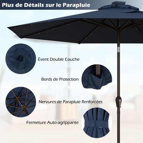 Parasol Inclinable Dia.300cm LED Dolaire En Scier Toile Polyester Pour Jardin Terrasse Bleu Foncé