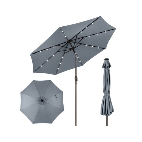 Parasol Inclinable Dia.300cm LED Dolaire En Scier Toile Polyester Pour Jardin Et Terrasse Gris
