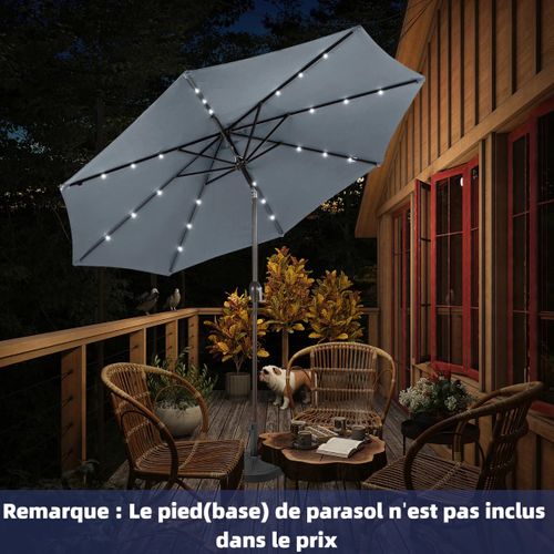 Parasol Inclinable Dia.300cm LED Dolaire En Scier Toile Polyester Pour Jardin Et Terrasse Gris