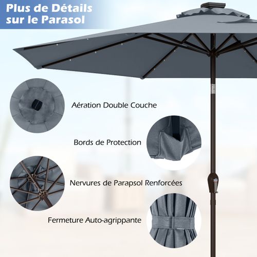 Parasol Inclinable Dia.300cm LED Dolaire En Scier Toile Polyester Pour Jardin Et Terrasse Gris
