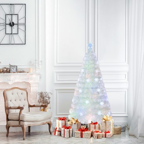 Sapin De Noël Artificiel à Fibre Optique Pré-éclairé 120cm Blanc Avec Feuilles Irisées LED