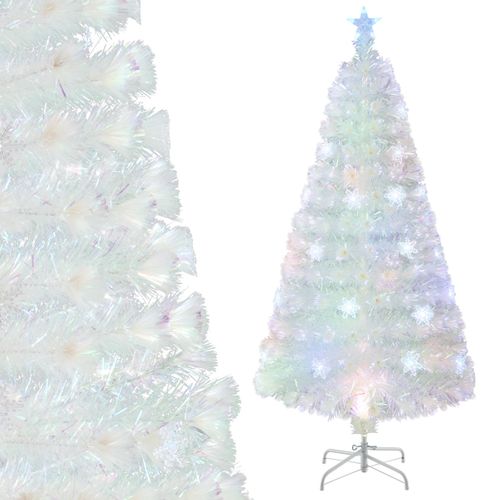 Sapin De Noël Artificiel à Fibre Optique Pré-éclairé 150cm Blanc Avec Feuilles Irisées LED