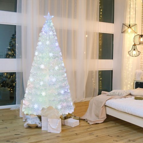 Sapin De Noël Artificiel à Fibre Optique Pré-éclairé 180cm Blanc Avec Feuilles Irisées LED