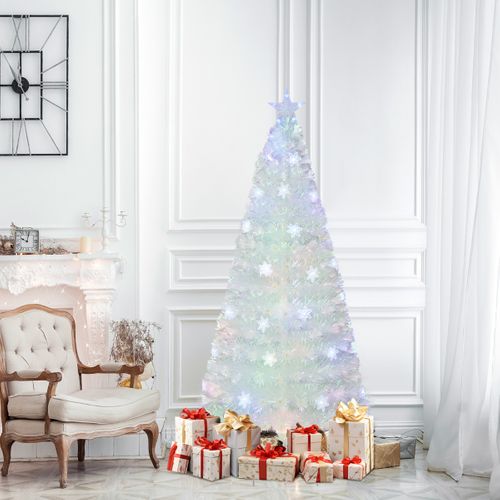Sapin De Noël Artificiel à Fibre Optique Pré-éclairé 180cm Blanc Avec Feuilles Irisées LED