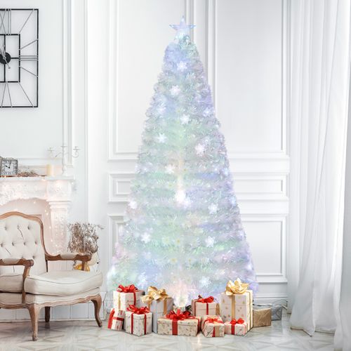 Sapin De Noël Artificiel à Fibre Optique Pré-éclairé 210cm Blanc Avec Feuilles Irisées LED