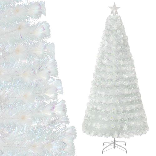 Sapin De Noël Artificiel à Fibre Optique Pré-éclairé 210cm Blanc Avec Feuilles Irisées LED