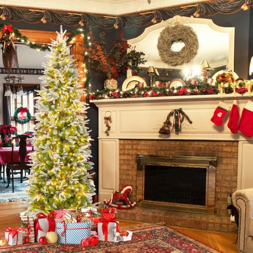 Sapin De Noël Artificiel De 220cm Arbre De Noël à Charnières Floqué De Neige 913 Pointes 75 Pommes