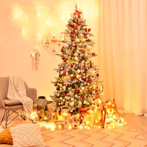 Sapin De Noël Artificiel Enneigé Longiligne 210cm En Pvc Avec Pommes De Pin Blanches 1108 Branches