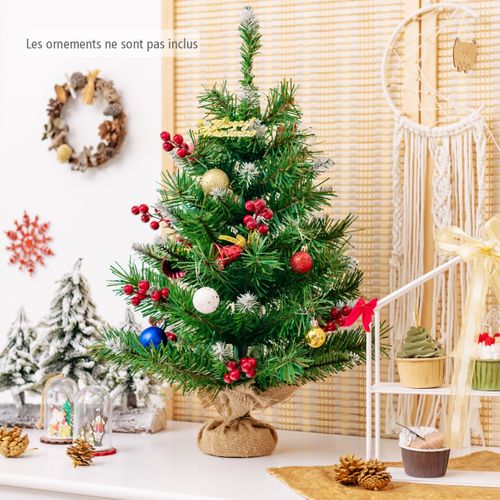 Sapin De Noël De Table Miniature 60cm Avec 76 Rameaux Pvc Grappes De Baies Rouges Base En Ciment