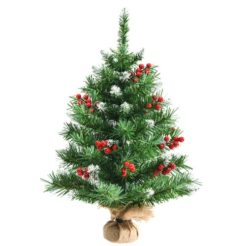 Sapin De Noël De Table Miniature 60cm Avec 76 Rameaux Pvc Grappes De Baies Rouges Base En Ciment