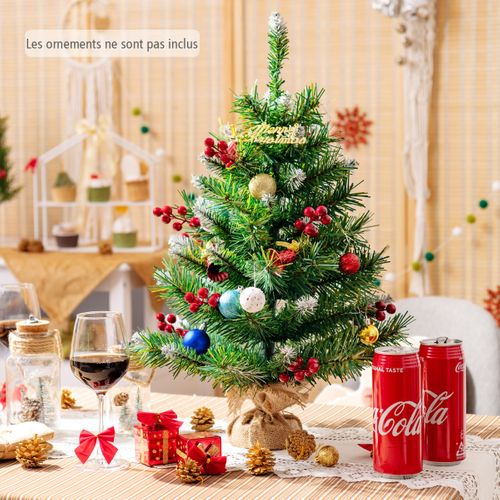 Sapin De Noël De Table Miniature 60cm Avec 76 Rameaux Pvc Grappes De Baies Rouges Base En Ciment