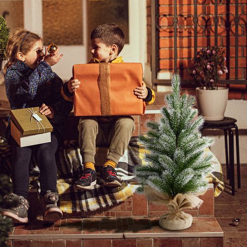 Sapin De Noël Miniature 50cm Branches Recouvertes De Poudre Neigeuse Et Paillettes Support