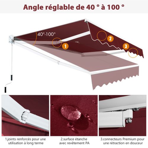 Store Banne Auvent Rétractable Manuel 245x200cm Angle Ajustable Pour Balcon/jardin Rouge
