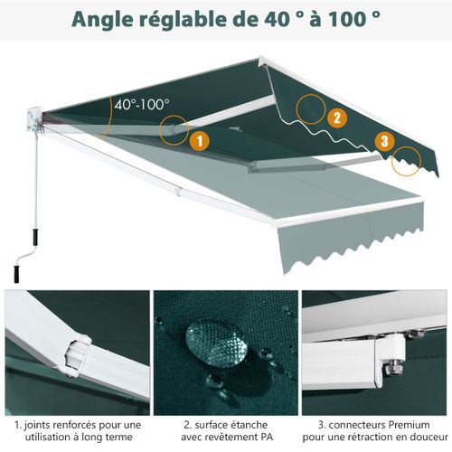 Store Banne Auvent Rétractable Manuel 245x200cm Angle Ajustable Pour Balcon/jardin Vert