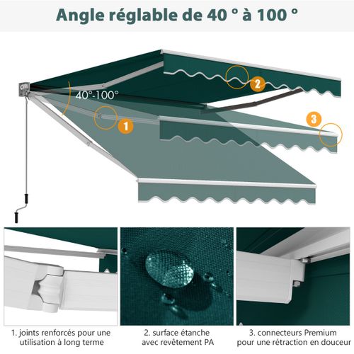 Store Banne Auvent Rétractable Manuel 295x250cm Angle Ajustable Pour Balcon/jardin Vert