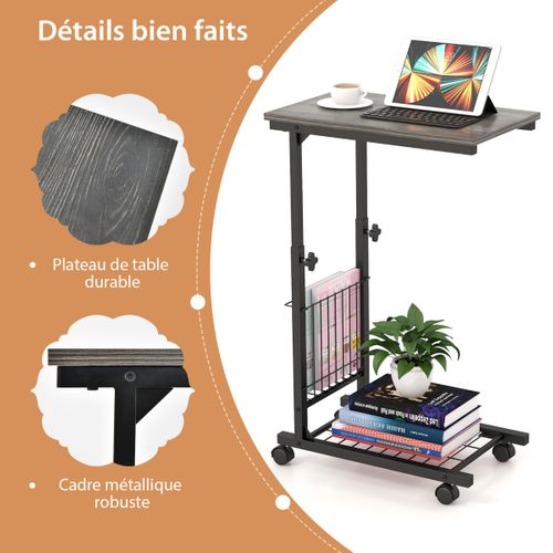 Table D'appoint à Roulettes Avec Porte-revues Table De Chevet Hauteur Réglable 50x30x58-80cm Gris