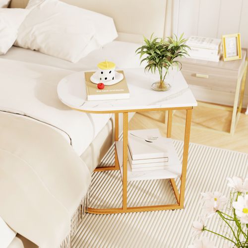 Table Basse Bout De Canapé Moderne Avec Plateau En Faux Marbre Et Étagère 60x40x60cm Blanc