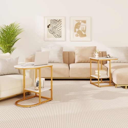 Table Basse Bout De Canapé Moderne Avec Plateau En Faux Marbre Et Étagère 60x40x60cm Blanc