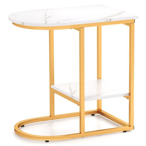 Table Basse Bout De Canapé Moderne Avec Plateau En Faux Marbre Et Étagère 60x40x60cm Blanc