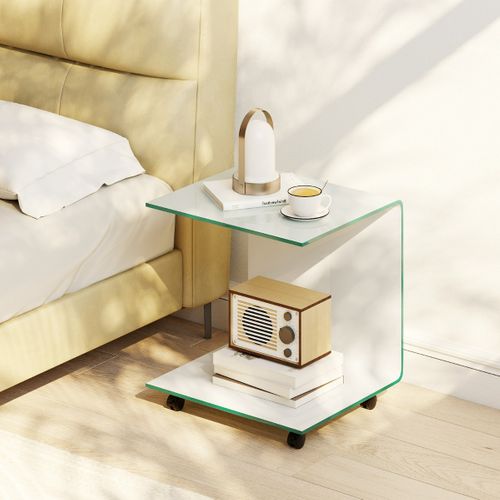 Table D'appoint à 2 Niveaux Table De Chevet Pivotantes Verrouillables 40x45x48cm Blanc