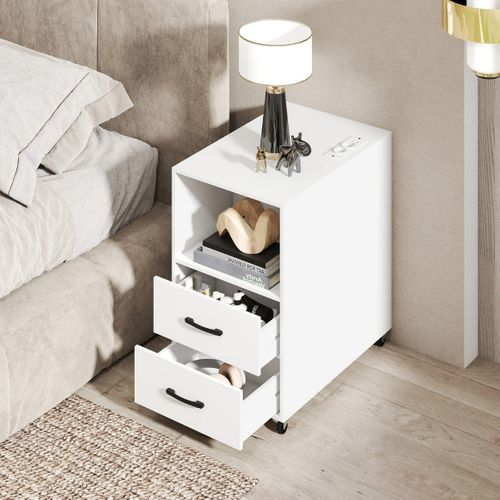 Table D'appoint Table De Chevet Roulante Avec Tiroirs Station De Recharge 60x40x65,5cm Blanc