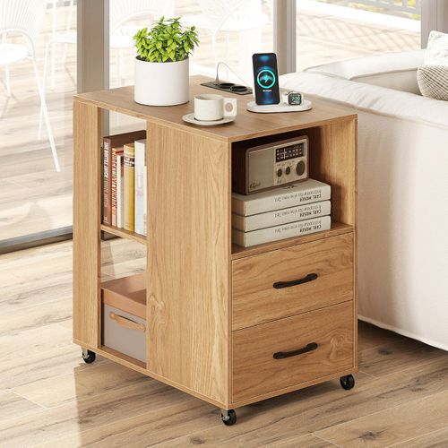 Table D'appoint Table De Chevet Roulante Avec Tiroirs Station De Recharge 60x40x65,5cm Naturel