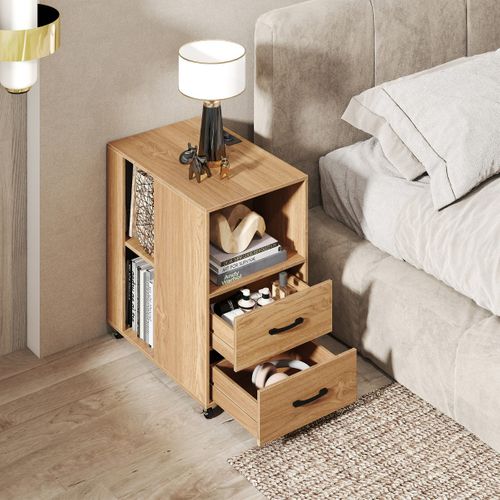 Table D'appoint Table De Chevet Roulante Avec Tiroirs Station De Recharge 60x40x65,5cm Naturel