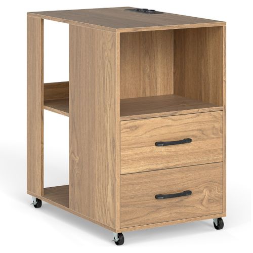 Table D'appoint Table De Chevet Roulante Avec Tiroirs Station De Recharge 60x40x65,5cm Naturel