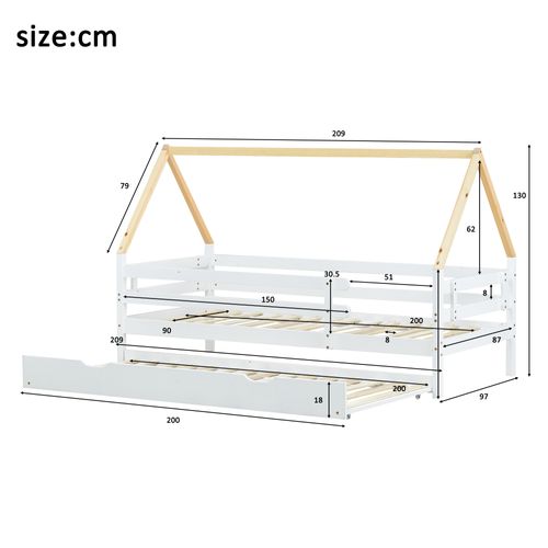 Lit Cabane Gigogne 90x200 Cm - Blanc