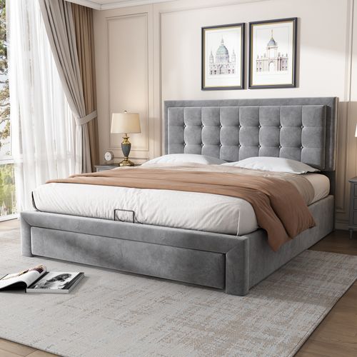 Lit Avec Caisson Et Tiroirs, Tissu Velours, 140 X 200 Cm, Gris