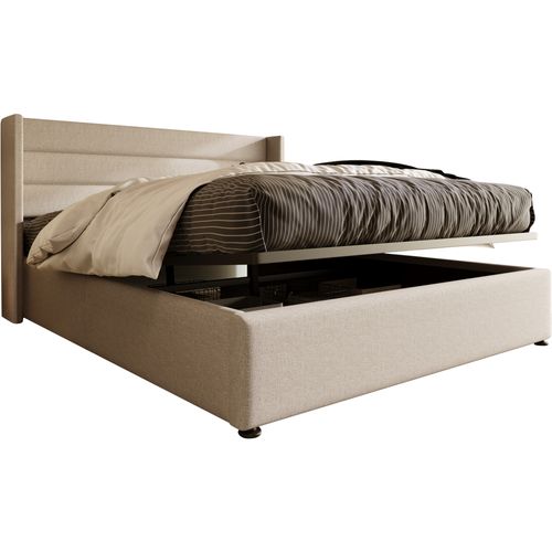 Lit Coffre Lit Capitonné Lit Double Hydraulique 140x200cm,lin, Beige