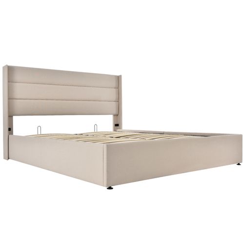Lit Coffre Lit Capitonné Lit Double Hydraulique 140x200cm,lin, Beige