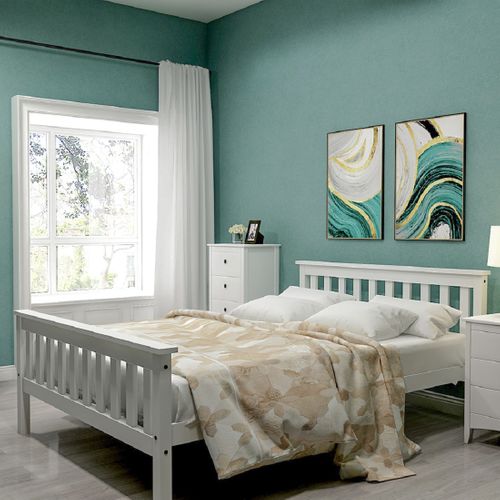 Lit Double En Bois 140 X 200 Cm,lit En Bois Massif Avec Sommier à Lattes, Blanc