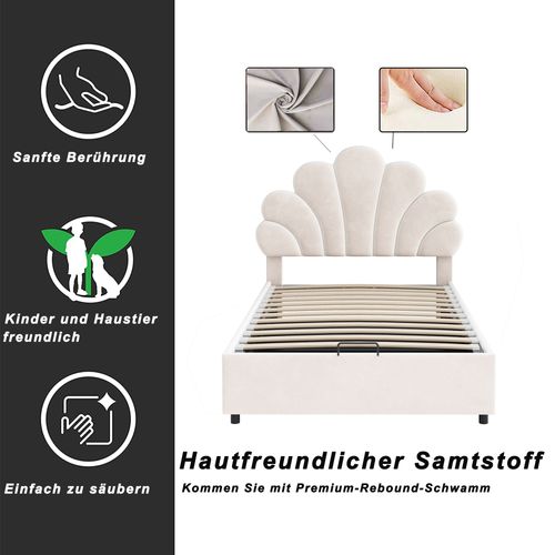 Lit Enfant Capitonné 90 X 200 Cm, Avec Tête De Lit Fleurie Et Sommier à Lattes, Beige