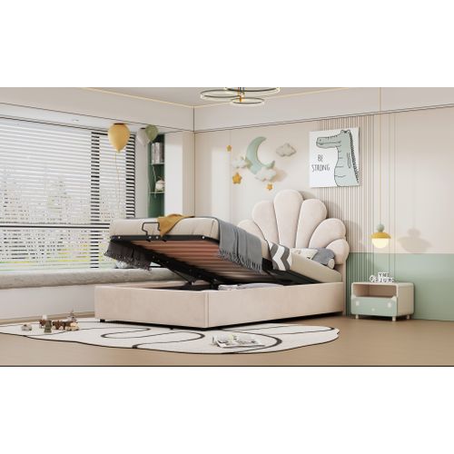 Lit Enfant Capitonné 90 X 200 Cm, Avec Tête De Lit Fleurie Et Sommier à Lattes, Beige