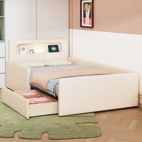 Lit Capitonné 90x200 Cm, Avec Veilleuse Et Port De Chargement USB,  Beige
